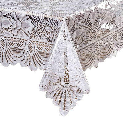 White lace tablecloth with intricate floral patterns and scalloped edges