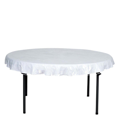 Round table with a white plastic cover on black legs