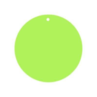 Bright green circular tag with a hole for hanging.