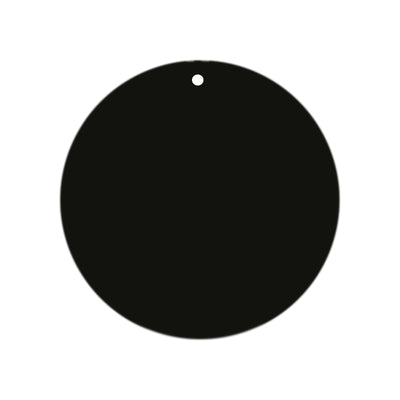 Black circular tag with a hole at the top for easy attachment