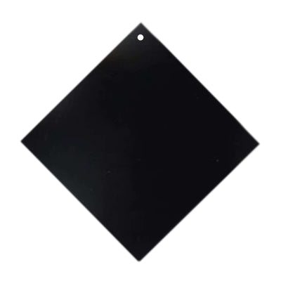 Black diamond-shaped plastic sheet with a hole for hanging