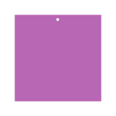 Purple square sticker with a hole at the top for hanging.
