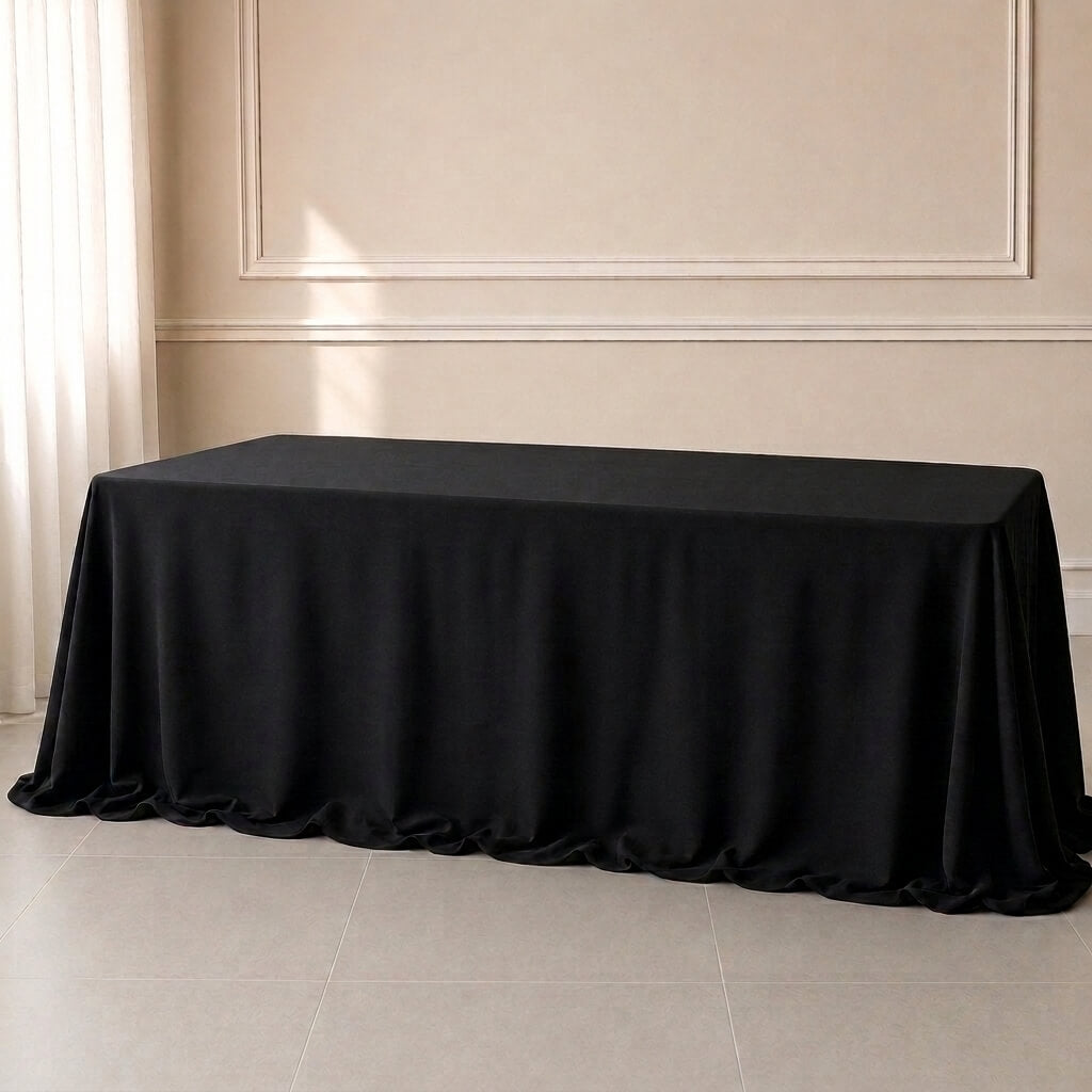 Black rectangular tablecloth draping over an 8ft table, wrinkle-resistant fabric.
