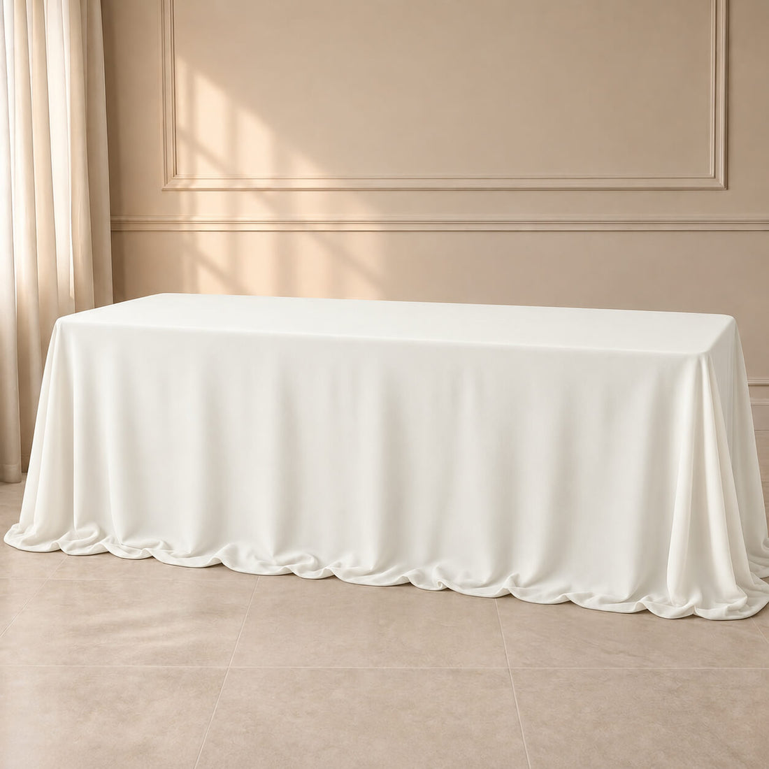 Ivory wrinkle-resistant rectangular tablecloth for events and catering.