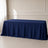 Navy blue rectangular tablecloth draped over an 8ft table in a bright room.