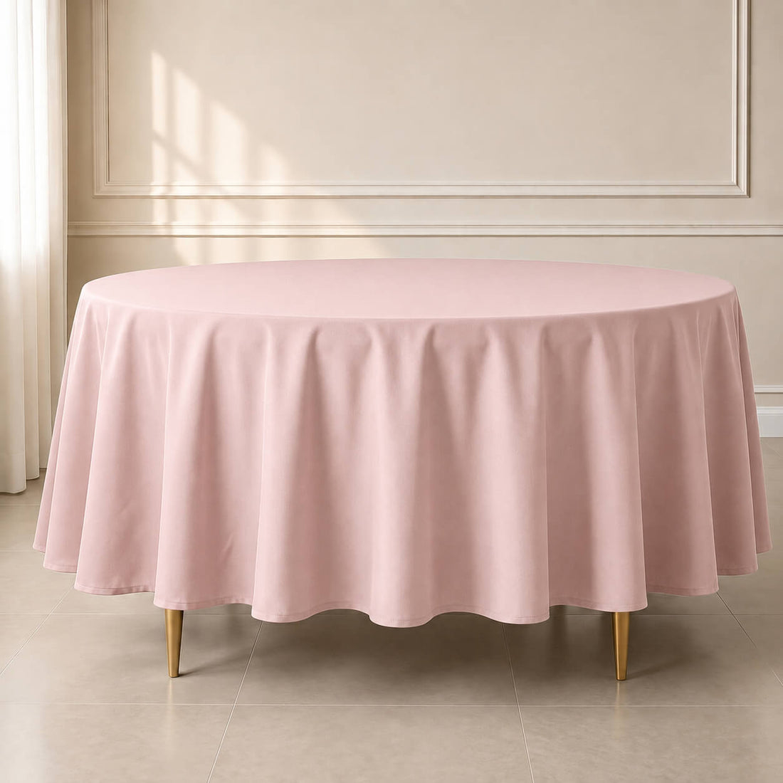 Blush round tablecloth, 108 inches, durable and stain-resistant.