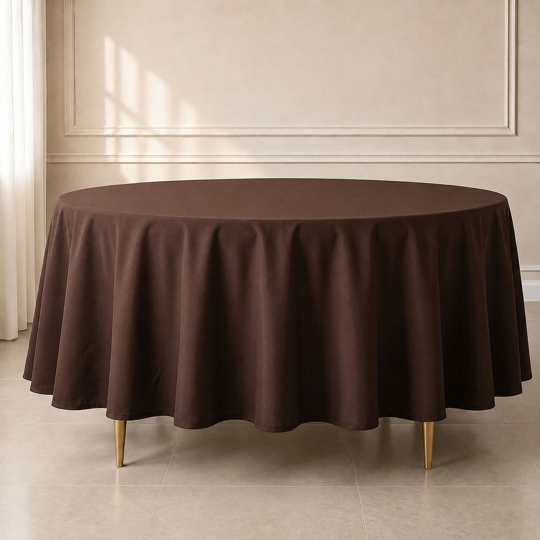 Chocolate round tablecloth on a table with gold legs.