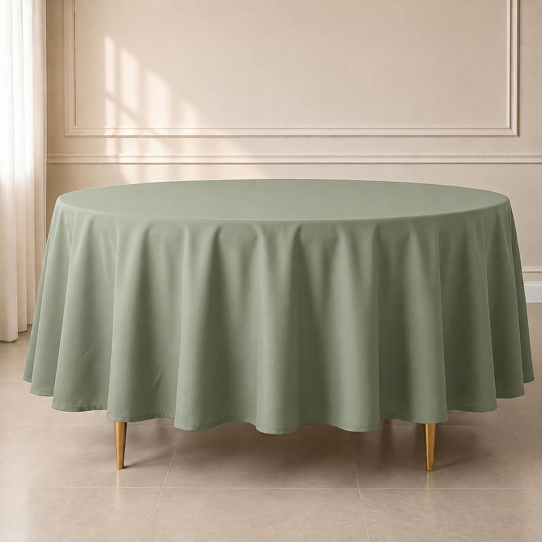 Dusty sage green round tablecloth, durable and stain-resistant.