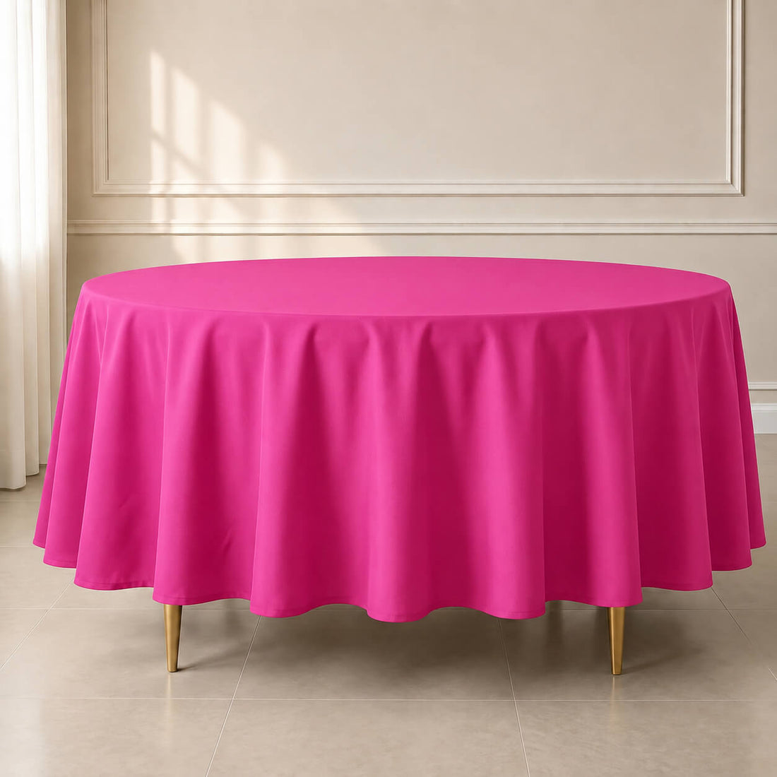 Fuchsia round tablecloth, 108 inches, durable and stain-resistant.