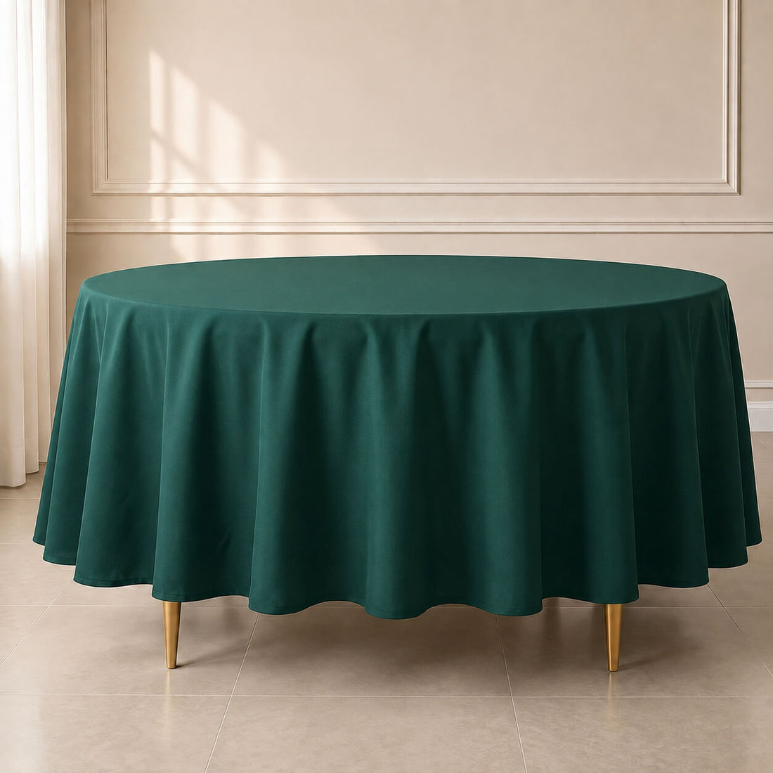 Hunter emerald green round tablecloth on a dining table.