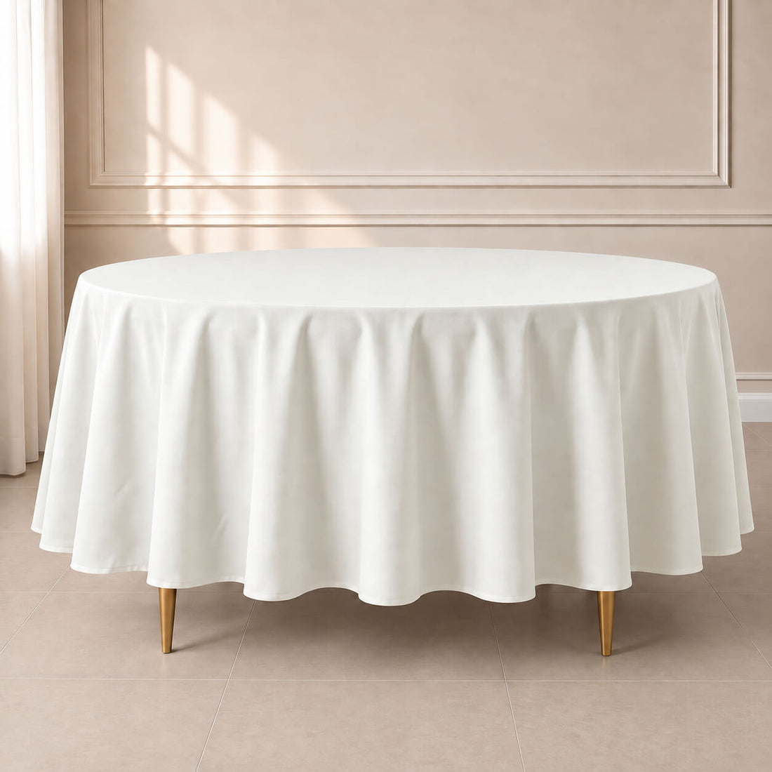 Ivory round tablecloth, 108 inches, durable and stain-resistant.