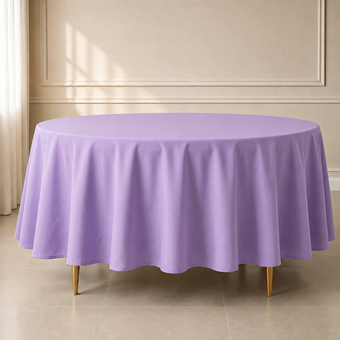 Lavender round tablecloth, 108 inches, durable and stain-resistant.