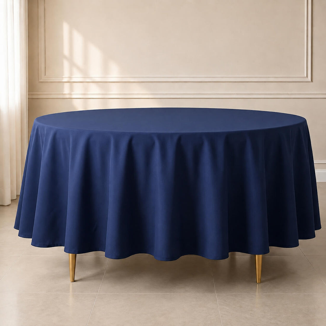 Navy blue round tablecloth, 108 inches, durable and stain-resistant.