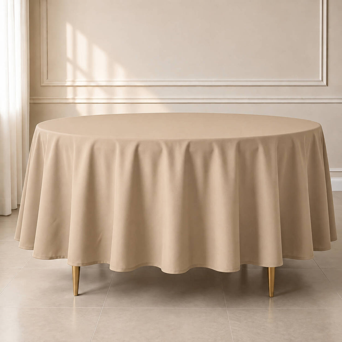 Nude polyester round tablecloth, 108 inches, durable and stain-resistant.