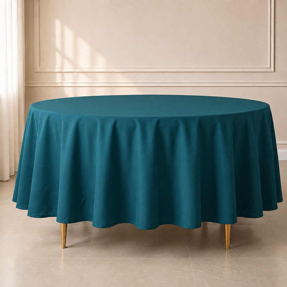 Peacock teal round tablecloth, durable and stain-resistant.