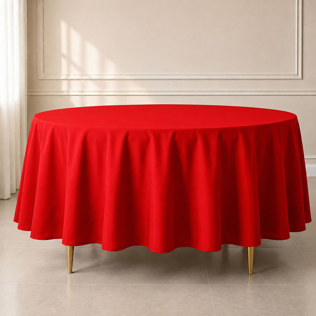 Red polyester round tablecloth, durable and stain-resistant.