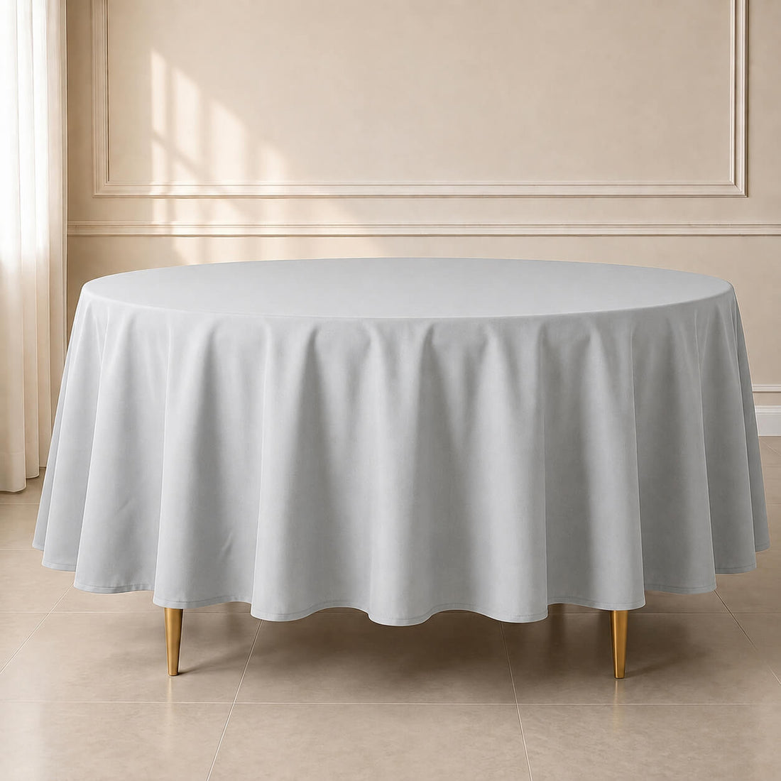 Silver round tablecloth, 108 inches, durable and stain-resistant.