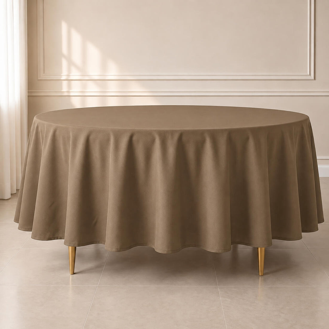Taupe round tablecloth, 108 inches, durable and stain-resistant.