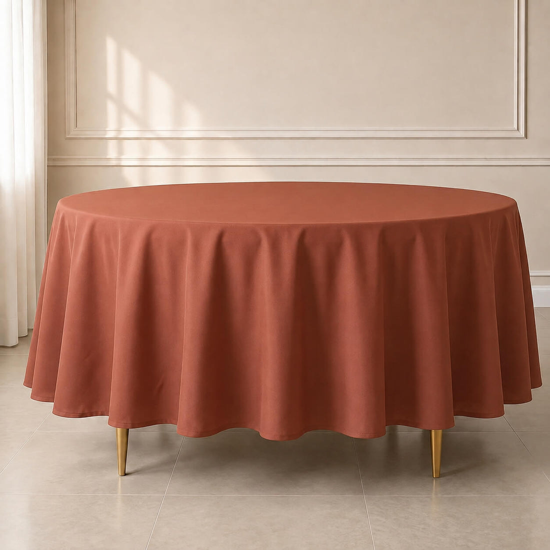 Terracotta round tablecloth, durable and stain-resistant for easy maintenance.