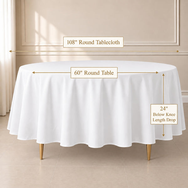 White 108" round tablecloth, durable and stain-resistant for easy maintenance.