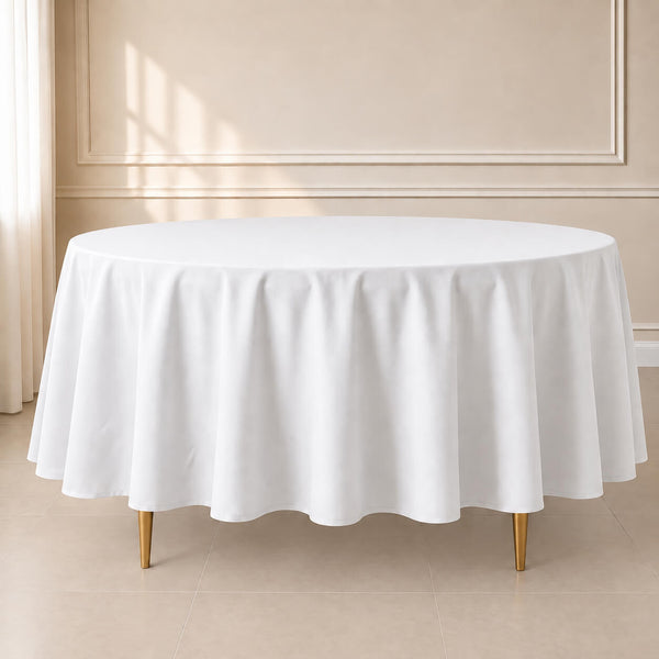 White polyester round tablecloth, 108 inches, durable and stain-resistant.
