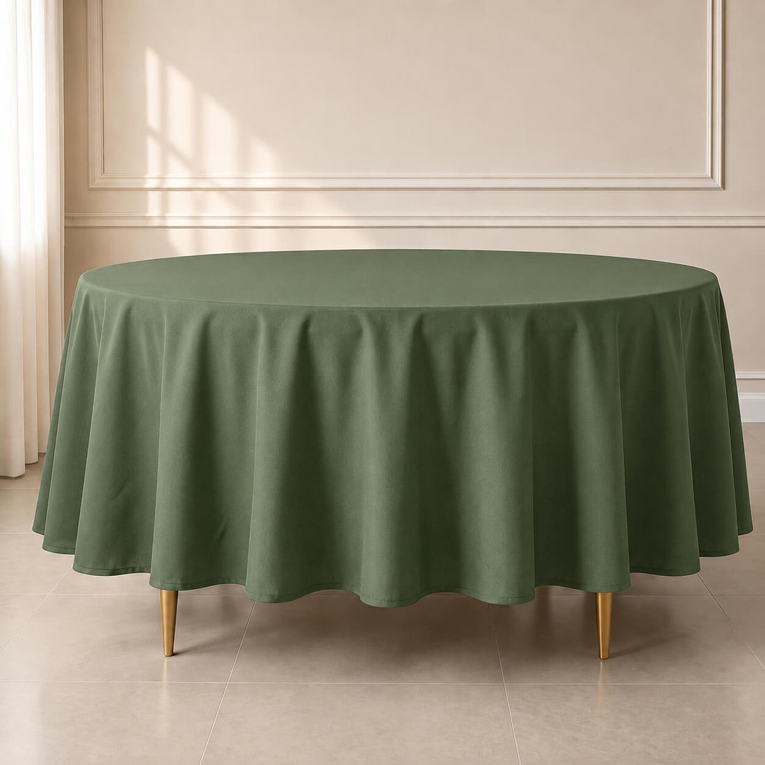 Olive green polyester round tablecloth on a dining table.