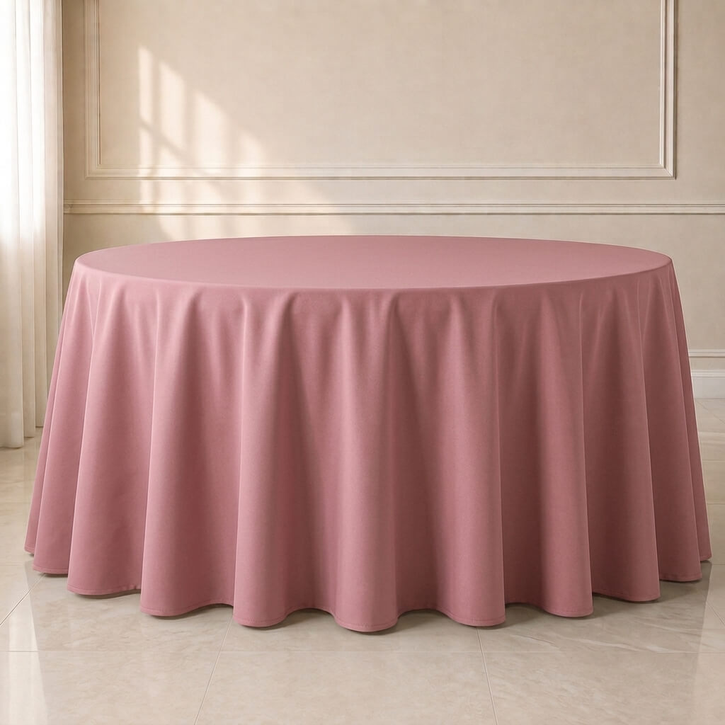 Dusty rose round tablecloth for elegant dining settings.