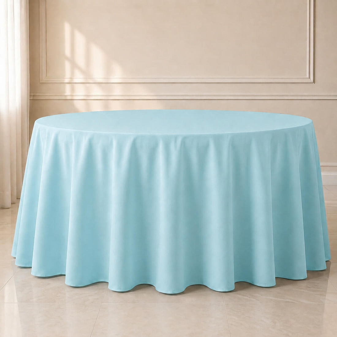 Light Blue Polyester Round Tablecloth 120" - Durable Seamless Table Cover