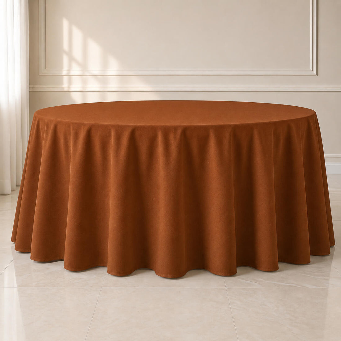 Cinnamon brown round tablecloth, durable and seamless table cover.