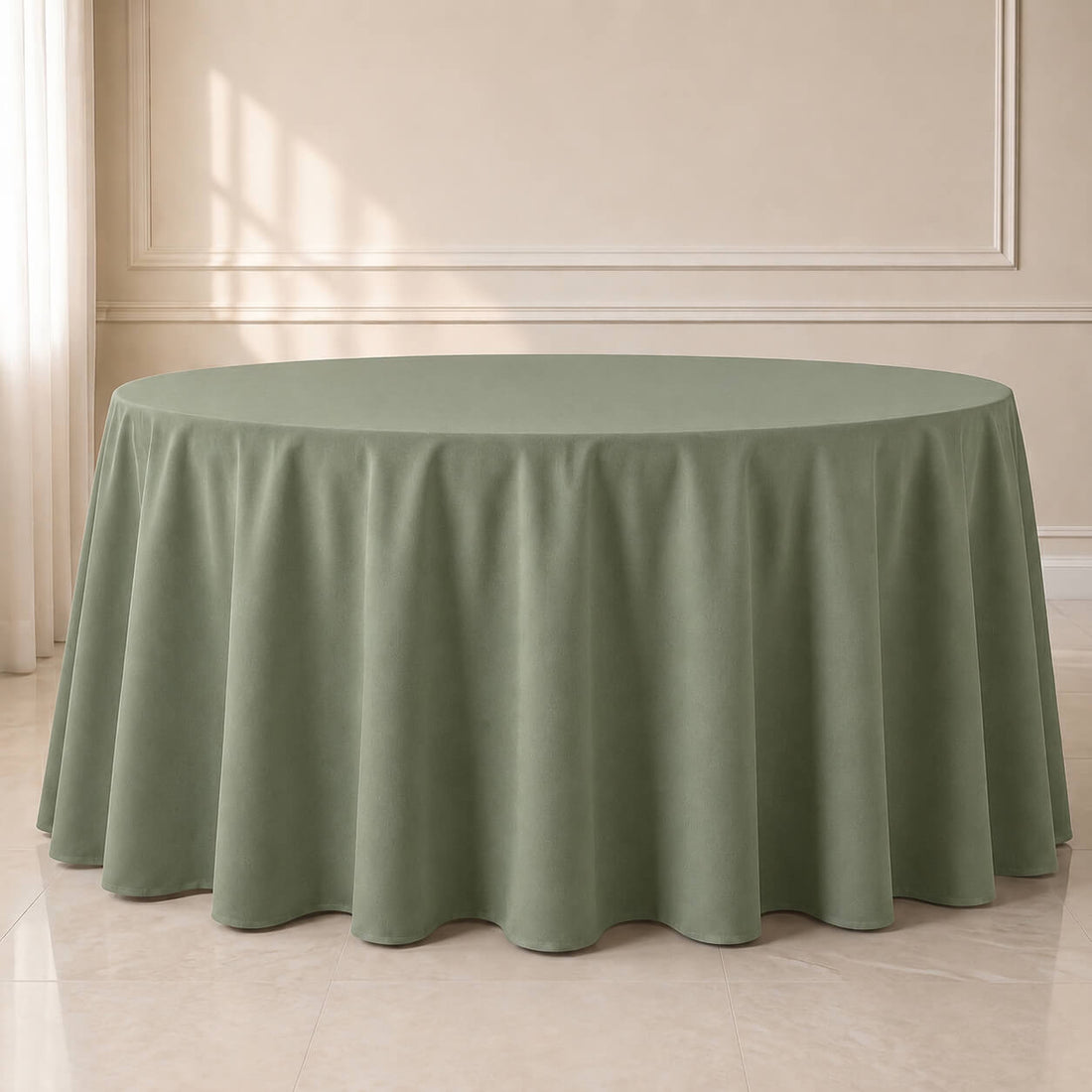 Dusty sage green round tablecloth, durable and seamless table cover.