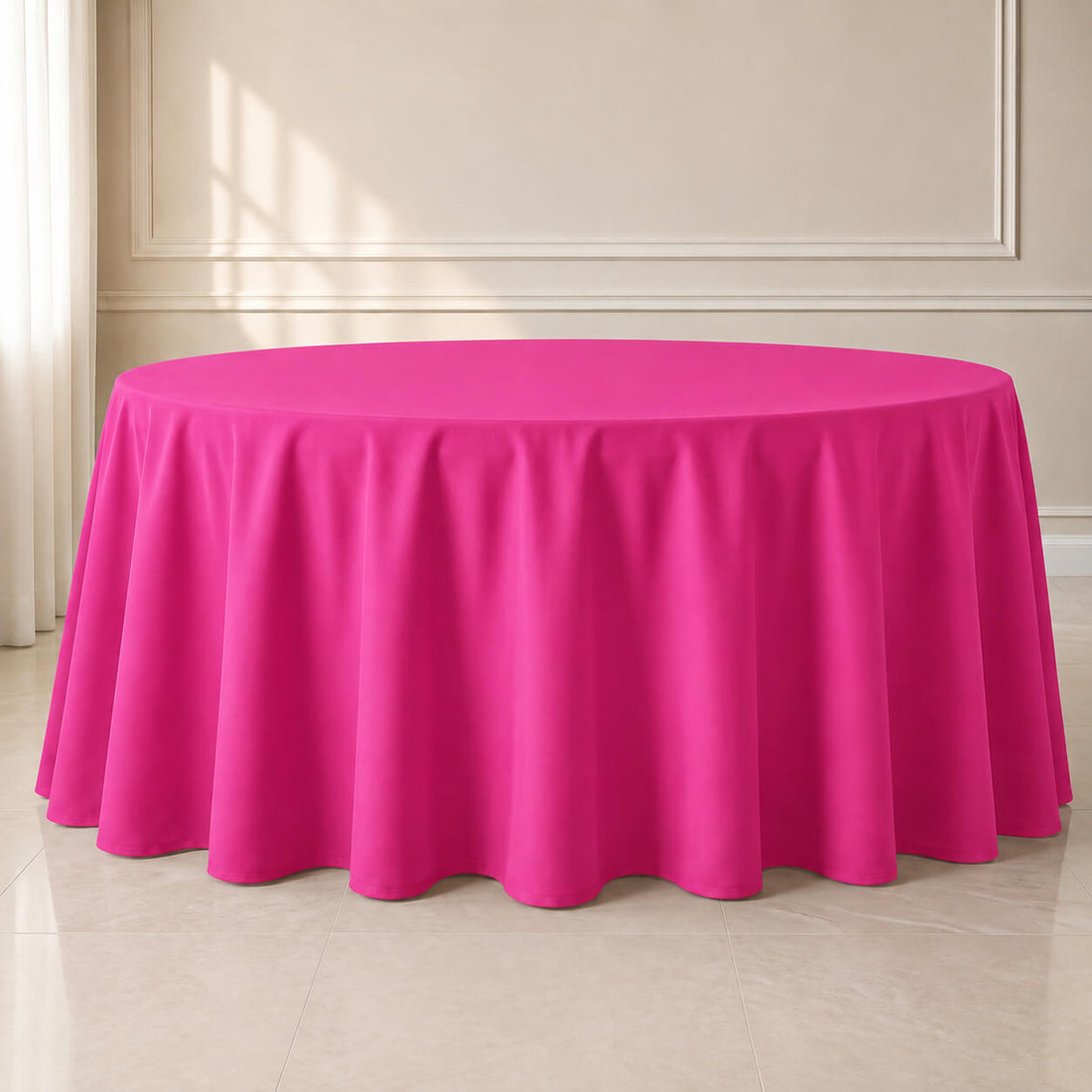 Fuchsia round tablecloth, 120-inch durable and seamless table cover.