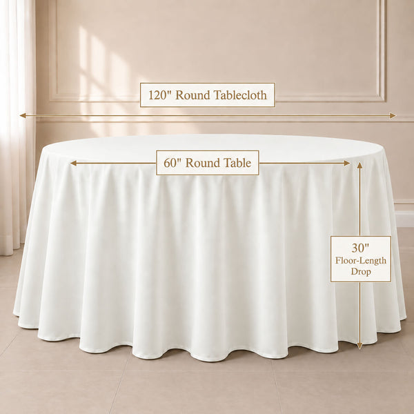 Ivory polyester round tablecloth for a 60" round table, durable and seamless.