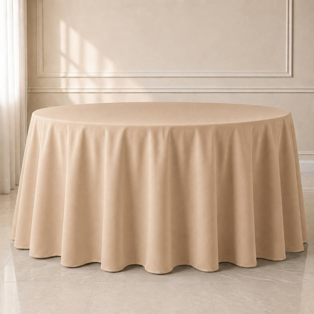 Nude polyester round tablecloth, durable and seamless, perfect for any occasion.