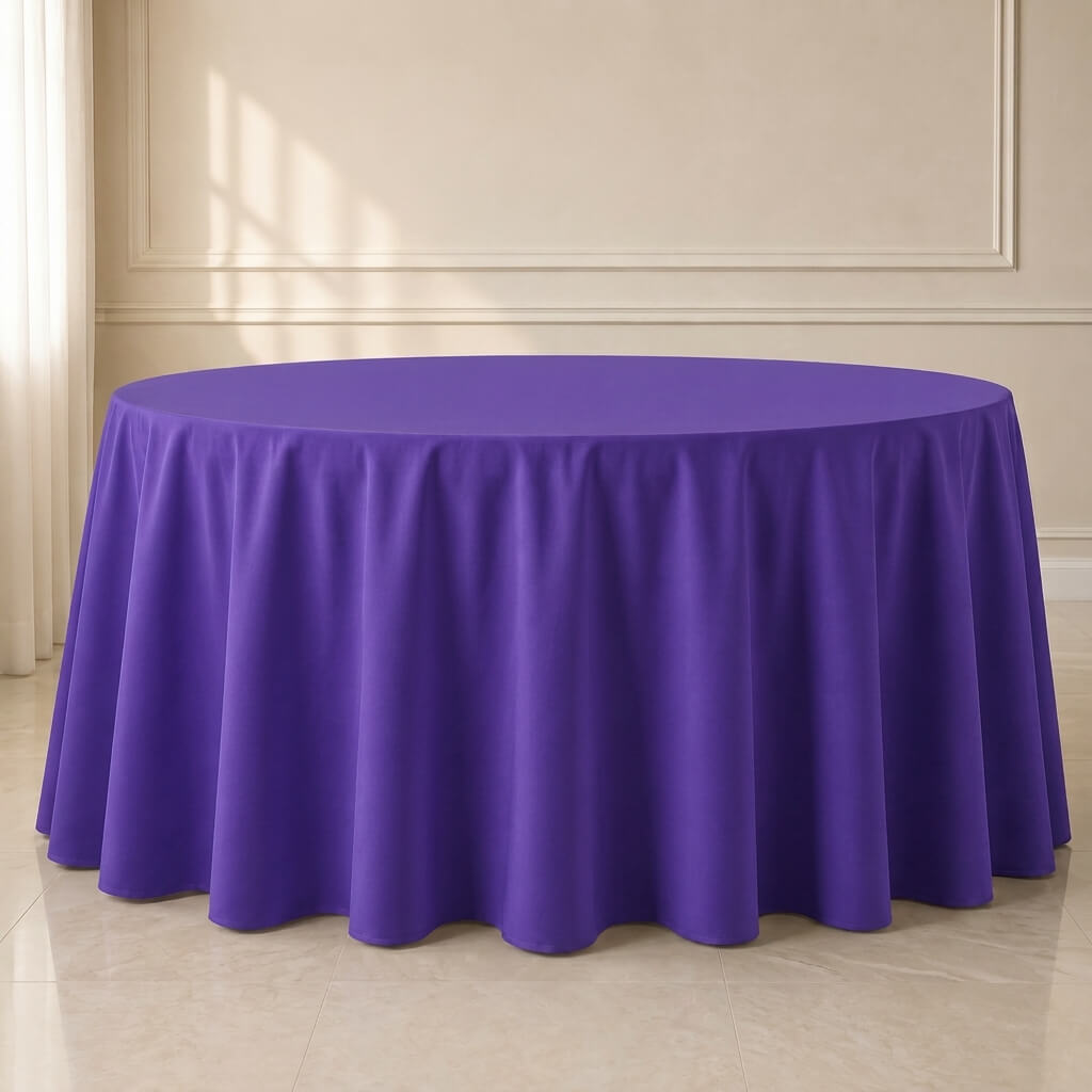 Purple polyester round tablecloth, 120 inches, seamless and durable.