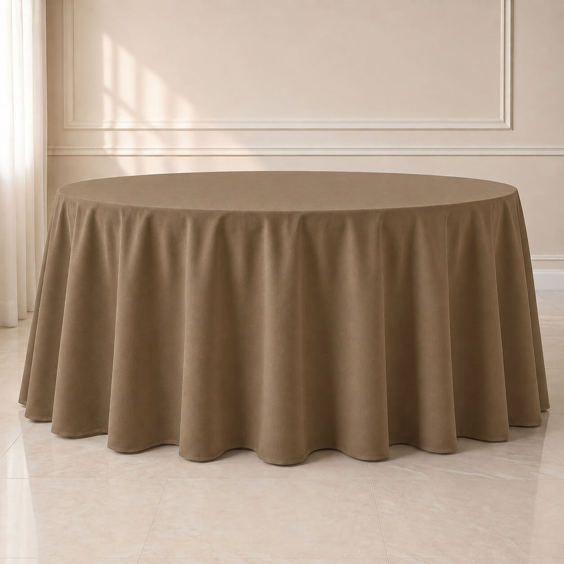 Taupe seamless polyester round tablecloth, 120 inches in diameter.