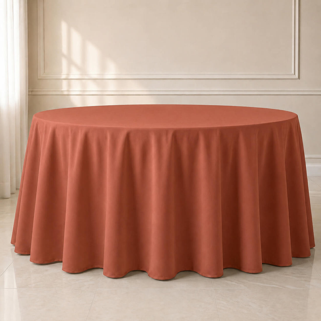 Terracotta round tablecloth, durable and seamless. Perfect for any occasion.