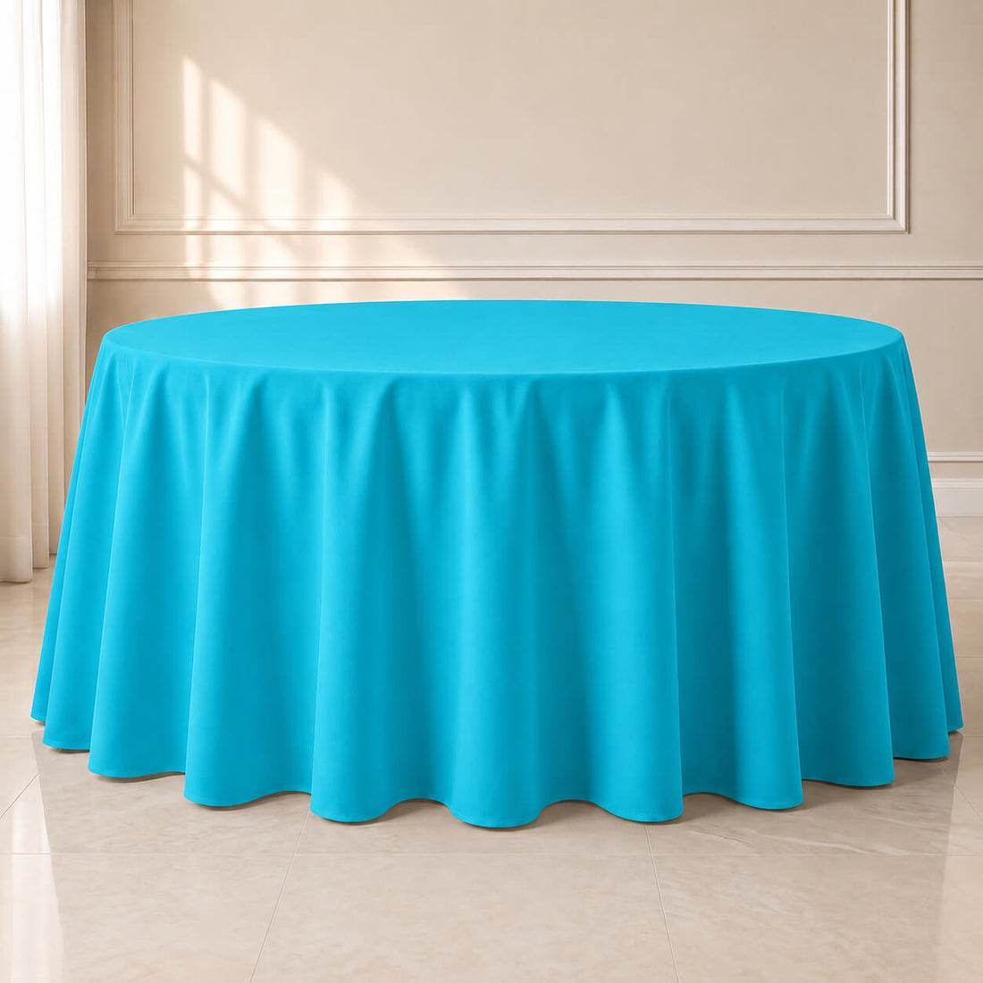 Turquoise round tablecloth, 120 inches, seamless and durable table cover.