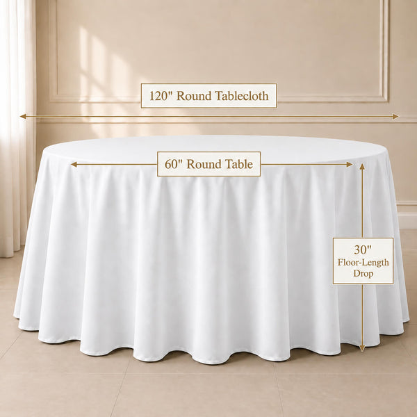 White polyester round tablecloth for elegant event styling.