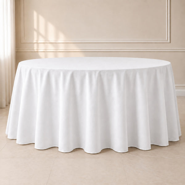 White polyester round tablecloth for elegant event styling.