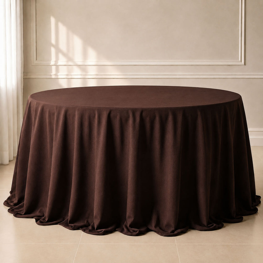 Chocolate round tablecloth with a seamless finish.