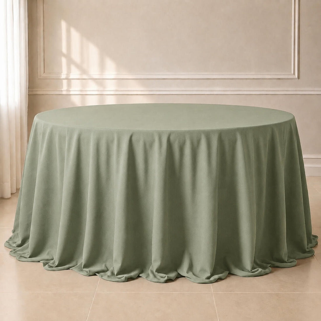 Dusty sage green round tablecloth with a seamless finish.
