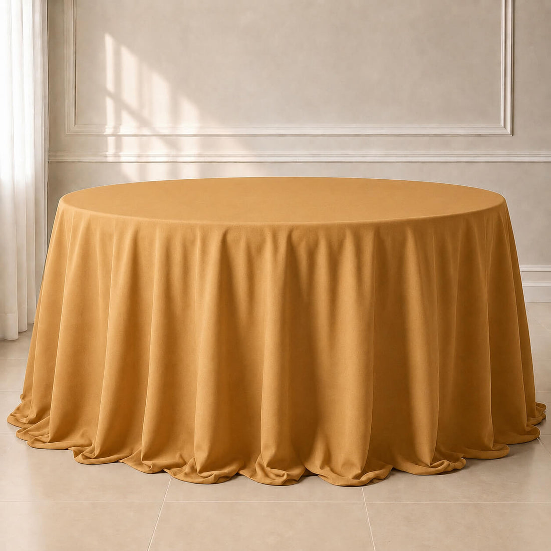 Gold polyester round tablecloth with seamless finish for elegant decor.