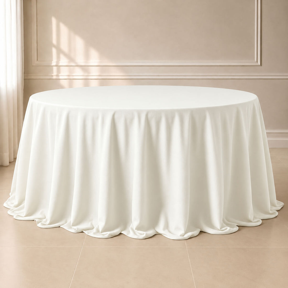 Ivory seamless round tablecloth, 132 inches, elegant table cover.