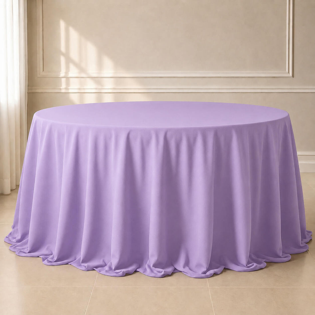 Lavender lilac seamless round tablecloth, 132 inches in diameter.