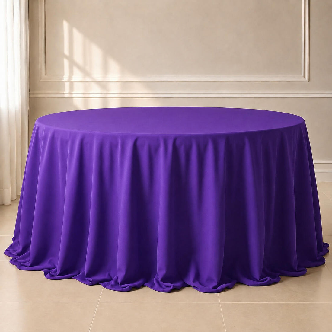 Purple seamless round tablecloth, 132 inches, perfect for elegant dining setups.