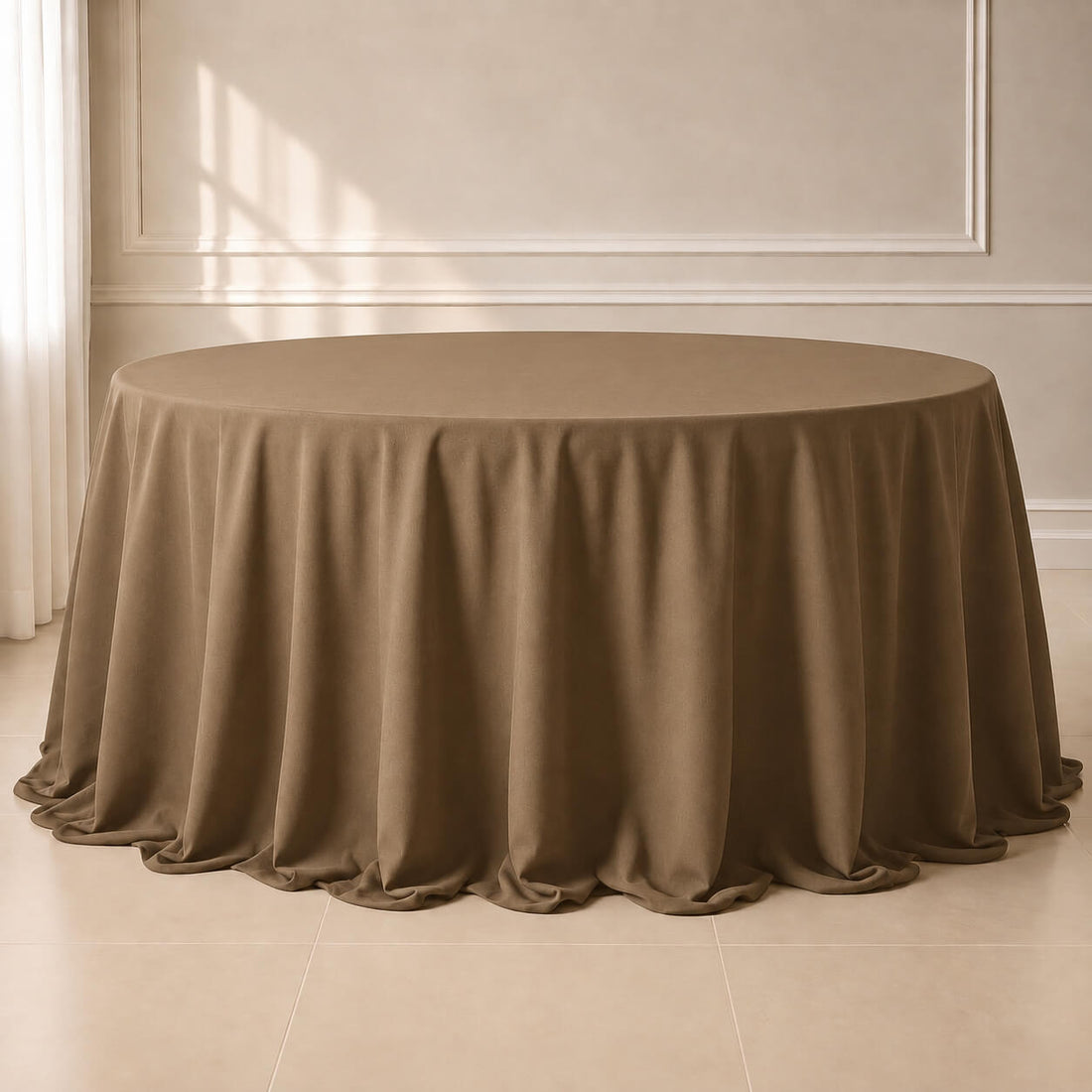 Taupe seamless round tablecloth for elegant dining setups.