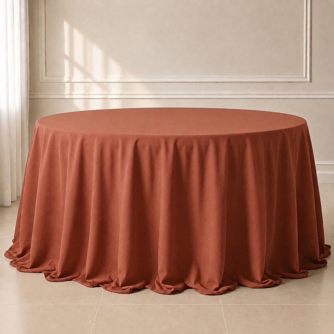 Terracotta round tablecloth with seamless finish on a round table.