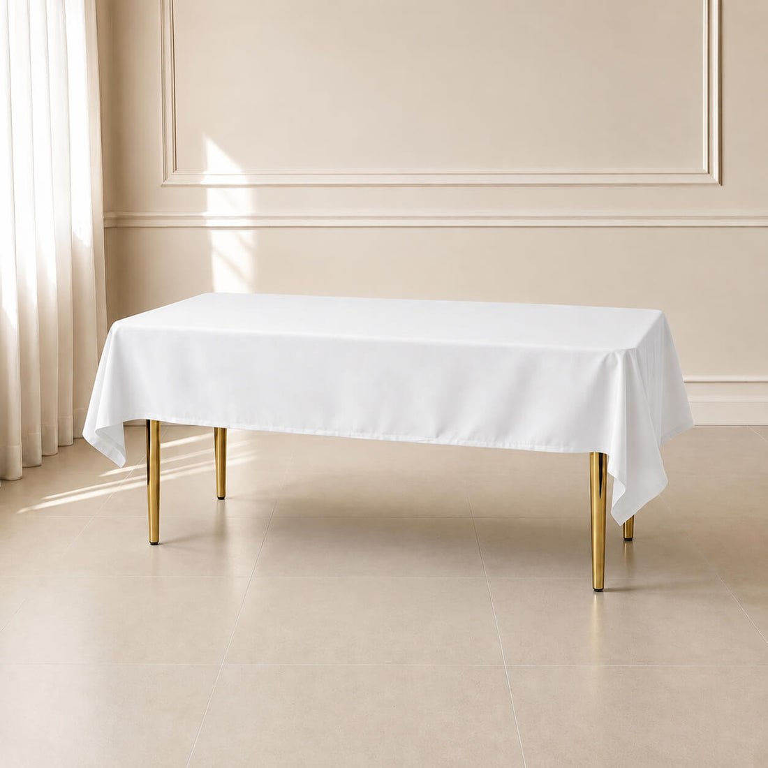 White polyester tablecloth 54"x96" for casual dining with linen texture.