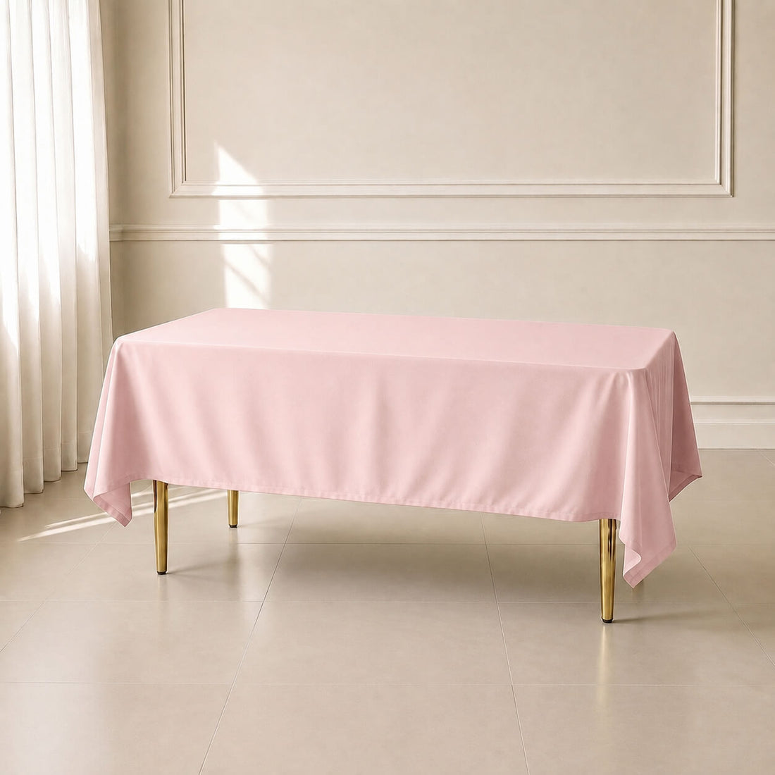 Blush rectangle tablecloth, 60"x102", wrinkle-resistant finish.