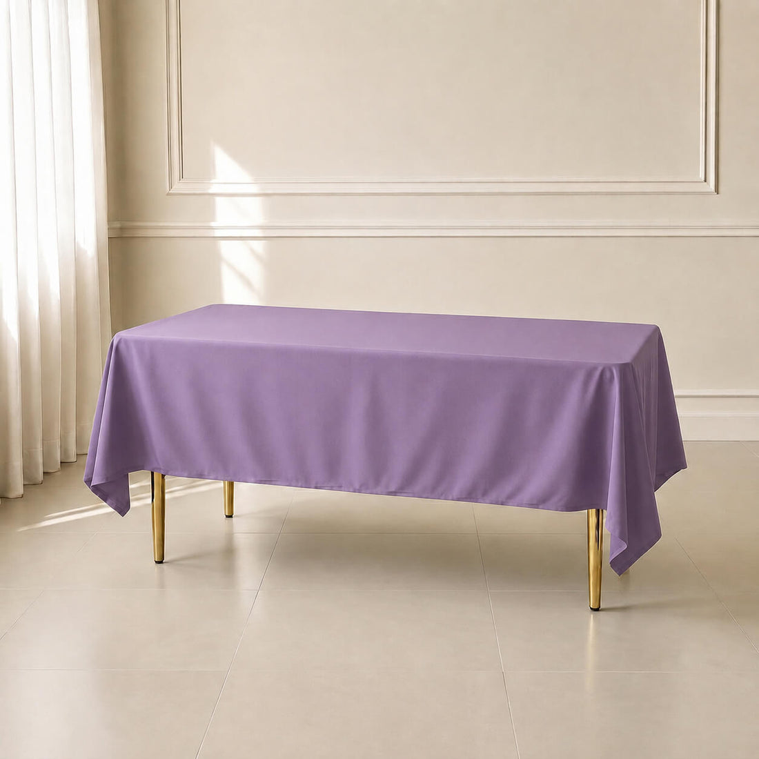 Violet Amethyst wrinkle-resistant tablecloth on a rectangular table.